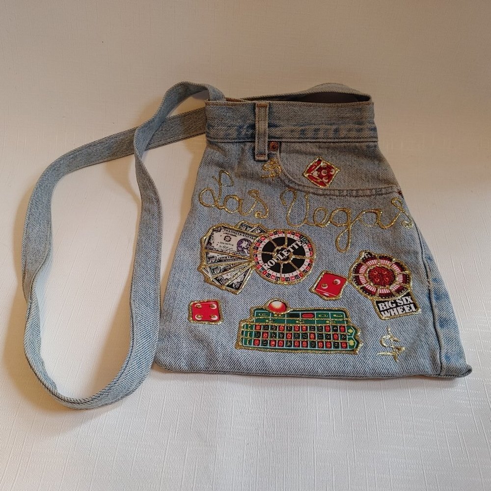 LUCKY LAS VEGAS BLING PATCH PURSE GLITTER GEL PAINT LEVIS JEANS PURSE